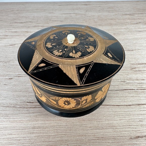 Vintage Carved Wood Round Trinket Box Spice Jar 3.5" H Light & Dark Brown OOAK - Picture 3 of 11